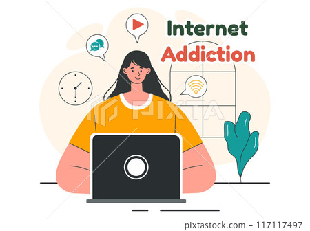 Internet Addiction Vector Illustration with Young People Addicted to Using Devices Such as Laptops or Smartphones in a Flat Style Cartoon Background 117117497