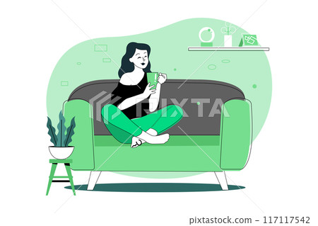 Girl heaving Coffee and relaxing on the sofa 117117542