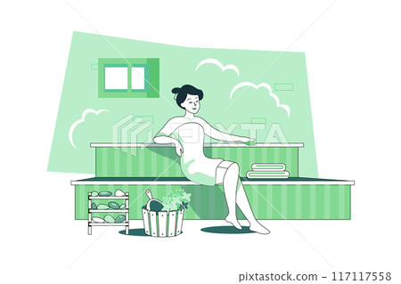 Woman relaxing in the sauna. Woman relaxing in the sauna. 117117558