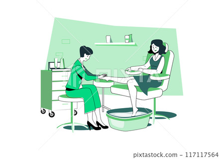 Woman receiving foot massage service from masseuse. Woman receiving foot massage service from masseuse. 117117564