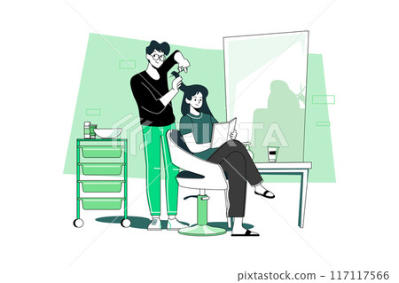 Men's hair stylist does a new hairstyle to customer. 117117566