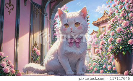 夢幻花卉遊樂園裡白毛貓的春天舞蹈 117117646