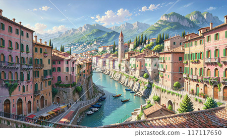 一座隱藏在山間的未開發小鎮，陽光燦爛，充滿詩意－「古堡守護下的安靜優雅漫步」。 117117650