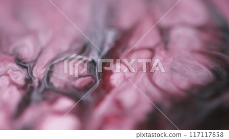 Blur wave. Ink blend. Defocused pink white color marble particles texture liquid emulsion stream flow abstract art background. 117117858