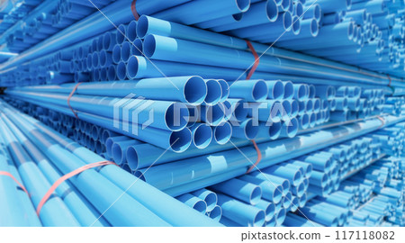 Low carbon footprint PVC pipe stacked in warehouse. Low carbon footprint PVC pipe stacked in warehouse. 117118082
