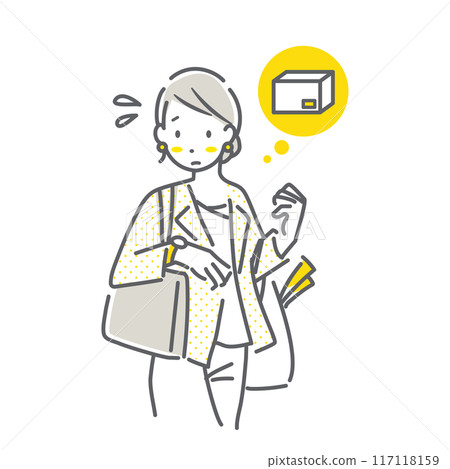A woman on her way home worried about receiving her package - simple and stylish line drawing illustration 117118159