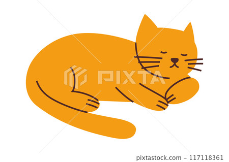 Ginger cat curled up and sleeping vector illustration. Cozy cartoon pet with orange fur, shorthair kitten icon, for animal lovers, pet shops, and veterinarians. Cute and peaceful flat design Ginger cat curled up and sleeping vector illustration. Cozy cartoon pet with orange fur, shorthair kitten icon, for animal lovers, pet shops, and veterinarians. Cute and peaceful flat design 117118361