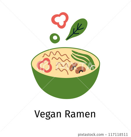Vegan ramen vector illustration in flat cartoon style. Japanese noodle soup with bok choy, beans, nori, scallion, and red pepper in a bowl. Asian cuisine doodle, delicious and savory meal 117118511