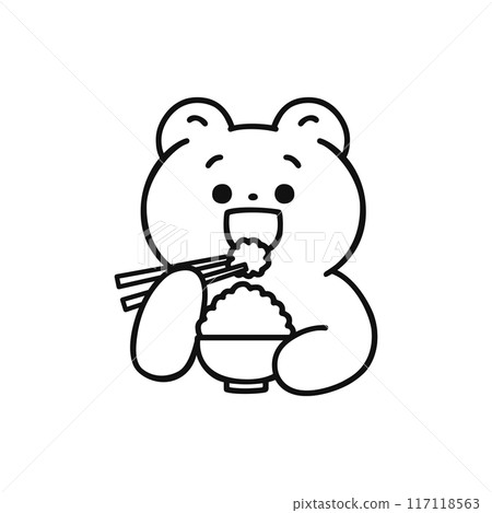 A cute bear eating rice with a smile - line drawing 117118563