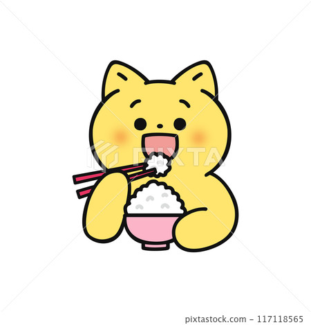 A cute cat eating rice with a smile 117118565