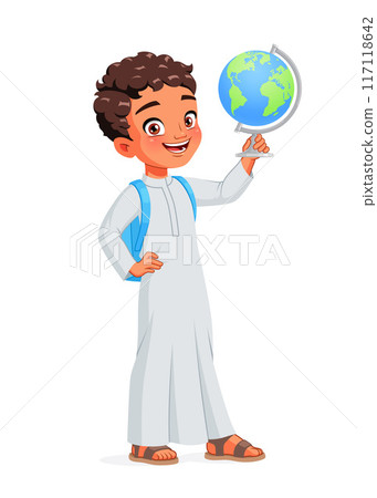Happy Arab school boy holding a globe. Cartoon vector isolated illustration. 117118642