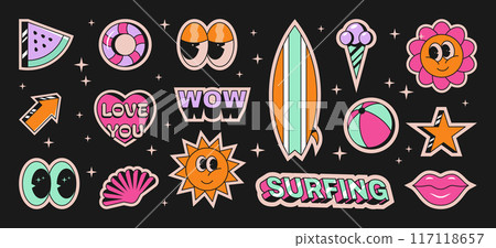 Retro stickers. Cool vintage smile. Fun and youth fashion label. Cute positive 80s patch. Sweet comic art. Flower emoji. Summer sea surfing. Fruit ice cream. Vector cartoon icons set 117118657