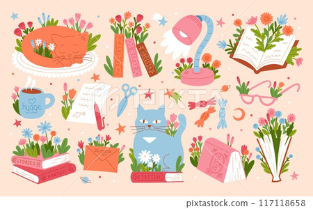 Books stack. School study. Floral meadow. Textbooks pile. Cute cat. Reading glasses. Education and relax. Romantic novels. Literature for hobby or academic reader. Vector cartoon set Books stack. School study. Floral meadow. Textbooks pile. Cute cat. Reading glasses. Education and relax. Romantic novels. Literature for hobby or academic reader. Vector cartoon set 117118658