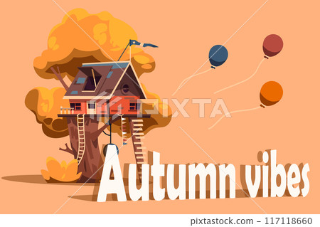 Children tree house. Small home. Cozy building on forest wood branch. Autumn vibes. Cabin with rope or wooden ladders. Playground hut. Swing and kite. Fall season. Vector playhouse banner Children tree house. Small home. Cozy building on forest wood branch. Autumn vibes. Cabin with rope or wooden ladders. Playground hut. Swing and kite. Fall season. Vector playhouse banner 117118660