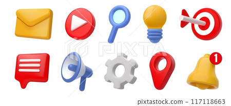 3d social media icons. Like, network and video message elements, communication hashtag or button. Goal target lightbulb and megaphone. Map pin and envelope. Vector render minimal creative set 117118663
