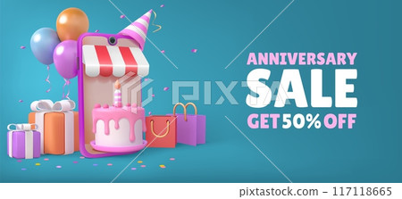 3d gift. Anniversary cake sale, box with podium balloon and ribbon in phone, present and confetti store ad. Shop birthday. Mobile application, smartphone screen render element, vector web banner 3d gift. Anniversary cake sale, box with podium balloon and ribbon in phone, present and confetti store ad. Shop birthday. Mobile application, smartphone screen render element, vector web banner 117118665
