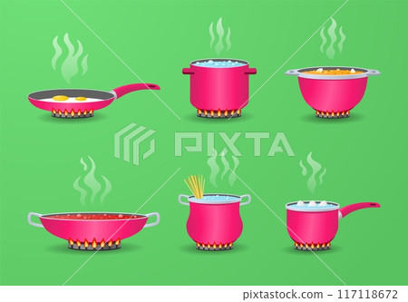 Cook pot. Food pan. Hot fire and stove. Dinner preparing. Kitchen gas oven. Metal saucepan with steam. Pasta cooking. Frying eggs. Boiling water. Domestic crockery. Vector icons set Cook pot. Food pan. Hot fire and stove. Dinner preparing. Kitchen gas oven. Metal saucepan with steam. Pasta cooking. Frying eggs. Boiling water. Domestic crockery. Vector icons set 117118672