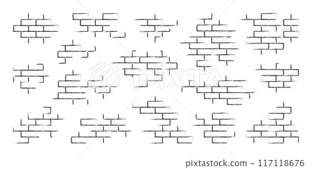 Brick texture. Stone building wall sketch. Old masonry grunge elements of simple architecture blocks. Brickwork pattern. Rough imprint. House brickwall. Exterior cladding. Vector background 117118676