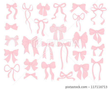 Cute coquette aesthetic pink ribbon bow big collection. Isolated girly vintage elements. Vector illustration. Trendy girls hairstyle accessories Cute coquette aesthetic pink ribbon bow big collection. Isolated girly vintage elements. Vector illustration. Trendy girls hairstyle accessories 117118713