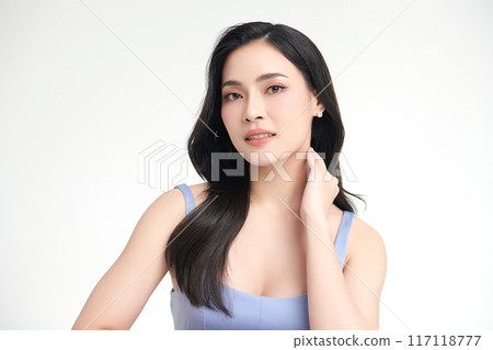 Beautiful young asian woman with clean fresh skin on white background, Face care, Facial treatment, Cosmetology, beauty and spa, Asian women portrait. 117118777