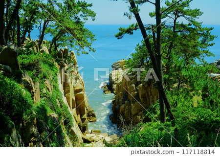 rocky beach scenery with ocean horizon rocky beach scenery with ocean horizon 117118814