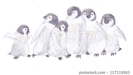 Crayon drawing of a group of emperor penguin chicks 117118983