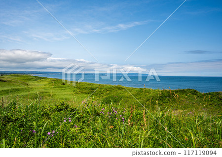 View of the sand dunes and the sea and sky of Okhotsk from Koshimizu Primeval Flower Garden, which I visited on a solo trip to Eastern Hokkaido 117119094