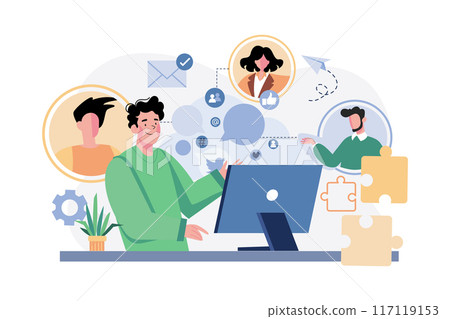 Businessman talks to a colleague about a social marketing plan. 117119153