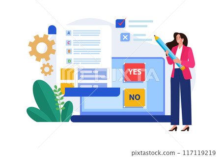 Woman filling survey form online survey concept feedback service 117119219