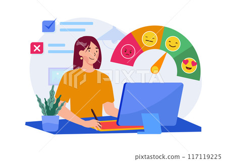 Woman pressing smiley face emoticon online to service rating 117119225
