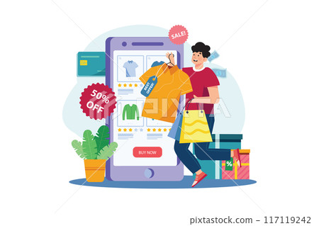 Man buying goods via the internet app. Man buying goods via the internet app. 117119242