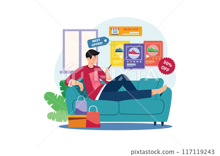 Man shopping online on commerce flatform at home. Man shopping online on commerce flatform at home. 117119243