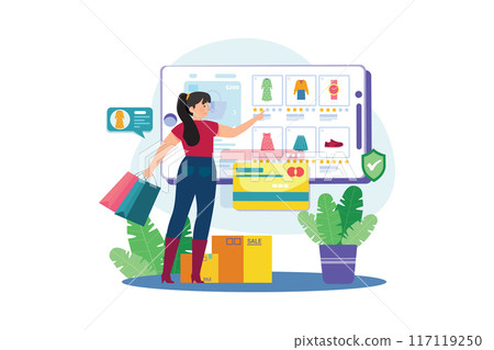 Shopaholic is making purchases in an online store. Shopaholic is making purchases in an online store. 117119250