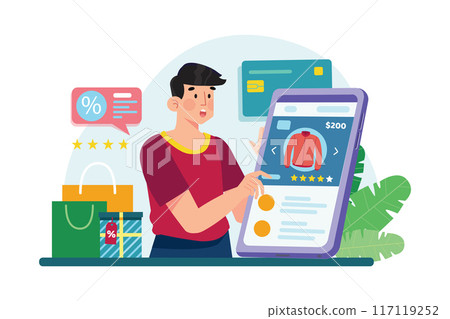 Man using tags promotion for shopping online on mobile commerce. Man using tags promotion for shopping online on mobile commerce. 117119252