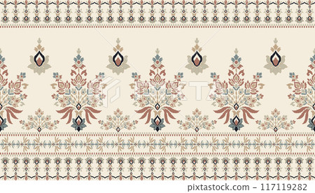 Ikat tribal Indian seamless pattern. Ethnic Aztec fabric carpet mandala ornament native boho chevron textile.Geometric African American oriental traditional vector illustrations. Embroidery style. 117119282