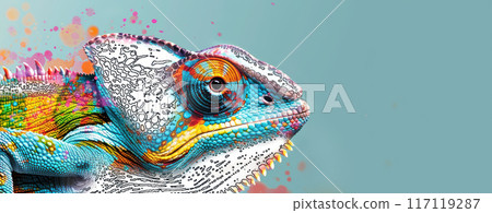 Half Color Chameleon on Light Blue Background - Color and Light Concept 117119287