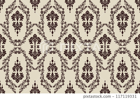 Ikat tribal Indian seamless pattern. Ethnic Aztec fabric carpet mandala ornament native boho chevron textile.Geometric African American oriental traditional vector illustrations. Embroidery style. 117119331