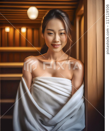 Image of a young woman enjoying a sauna 117119506
