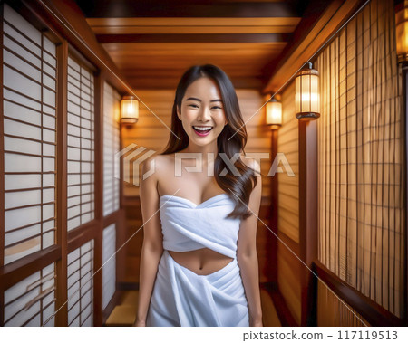 Image of a young woman enjoying a sauna 117119513