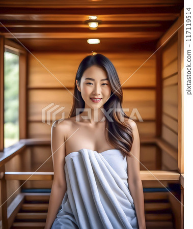 Image of a young woman enjoying a sauna 117119514