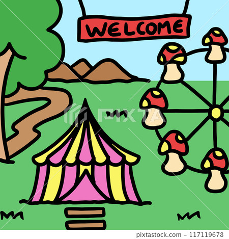 Hand drawn amusement park with circus tent, ferris wheel, welcome sign, green grass, tree, mountain for background, wallpaper, backdrop, post card, landscape, scenery, holidays, weekend, family trip Hand drawn amusement park with circus tent, ferris wheel, welcome sign, green grass, tree, mountain for background, wallpaper, backdrop, post card, landscape, scenery, holidays, weekend, family trip 117119678
