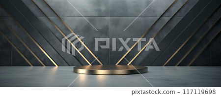 3d Render Of Abstract Minimal Background With Round Podium And Geometric Lines On Dark Grey Wall, Golden Elements, Empty Space For Product Presentation Mock Up 117119698
