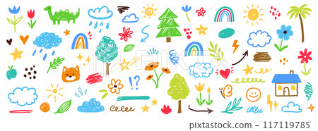 Cute kid flower, cloud, summer illustration. Hand drawn doodle sketch children cute vector school chalk background. Kids doodle crayon style line flower, cloud doodle pattern. Vector 117119785