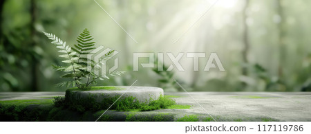 Stone Podium For Product Presentation On Gray Concrete Background With Tropical Green Plants And Ferns 117119786