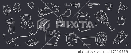Sport gym sketch health icon set. Hand drawn sketch doodle healthy sport, gym fit exercise equipment icon.Doodle hand drawn tennis ball, bottle, dumbbell fit equipment. Vector 117119789