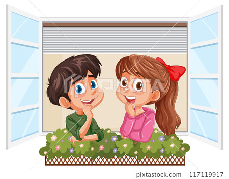 Children Smiling by Open Window 117119917