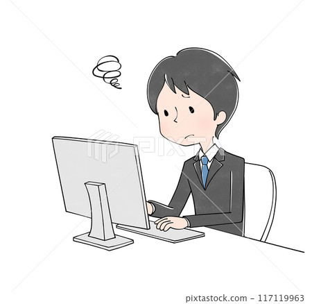 Troubled male office worker operating a computer Troubled male office worker operating a computer 117119963