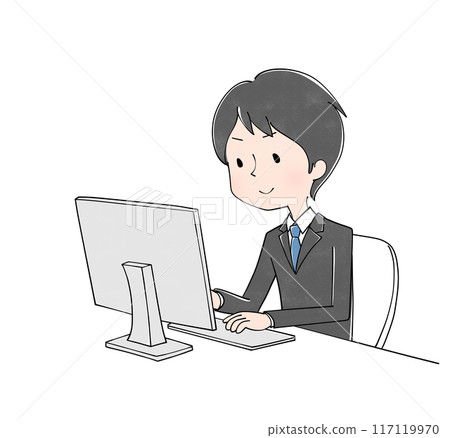 A smiling businessman operating a computer 117119970