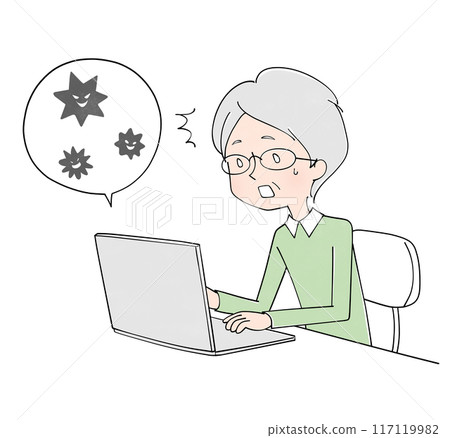Senior man whose computer is infected with a virus 117119982