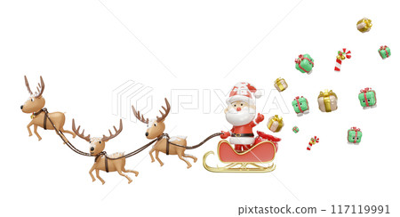 3d reindeer with santa claus, sleigh, gift box isolated. merry christmas and happy new year, 3d render illustration 117119991